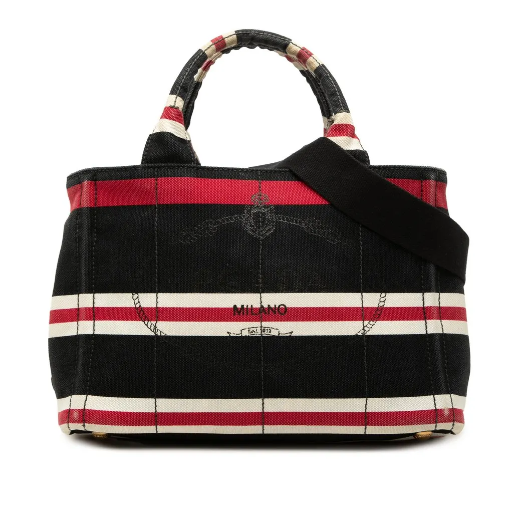 Prada Small Canvas Canapa Logo Stripes Tote Black Very good - Front View