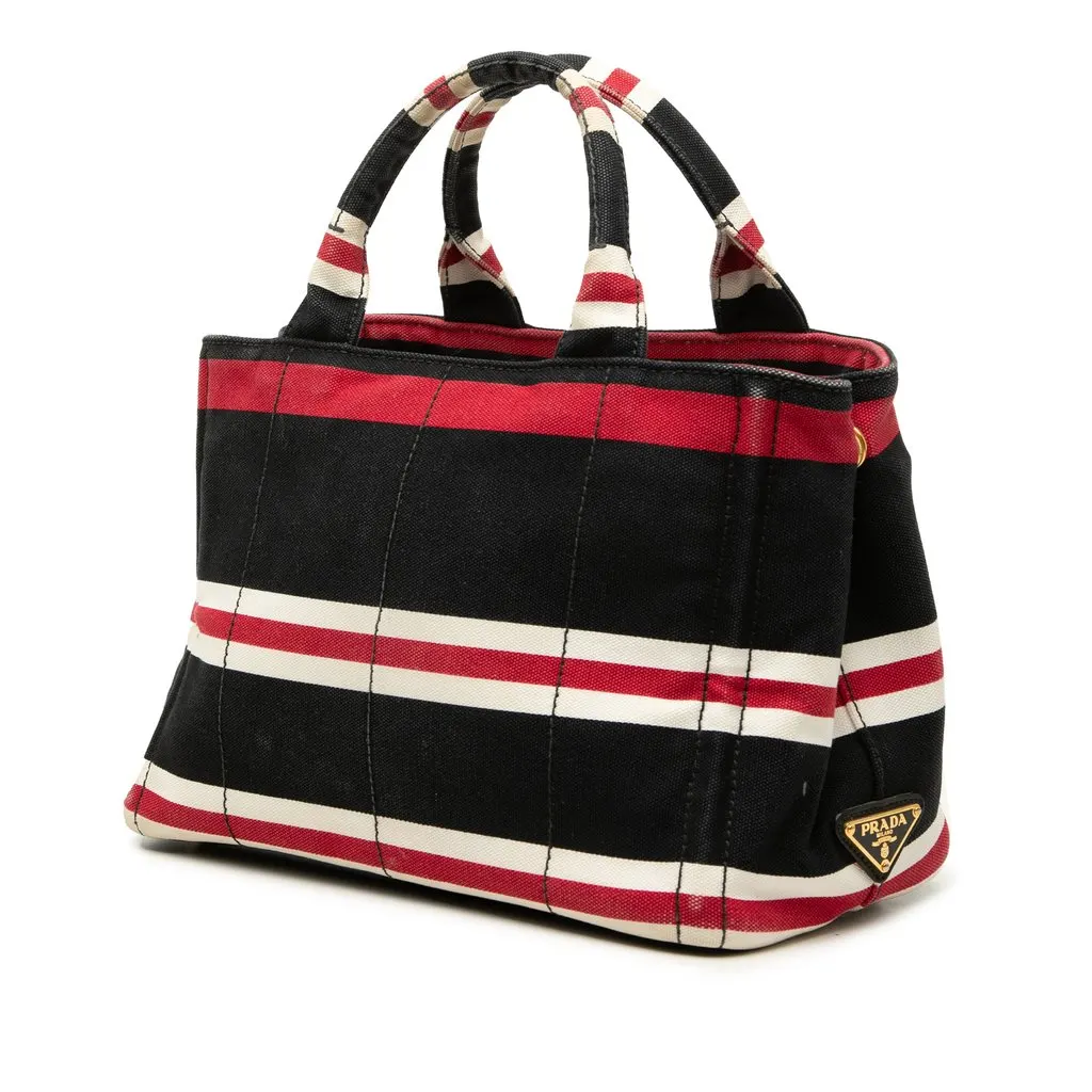 Prada Small Canvas Canapa Logo Stripes Tote Black Very good - Back View