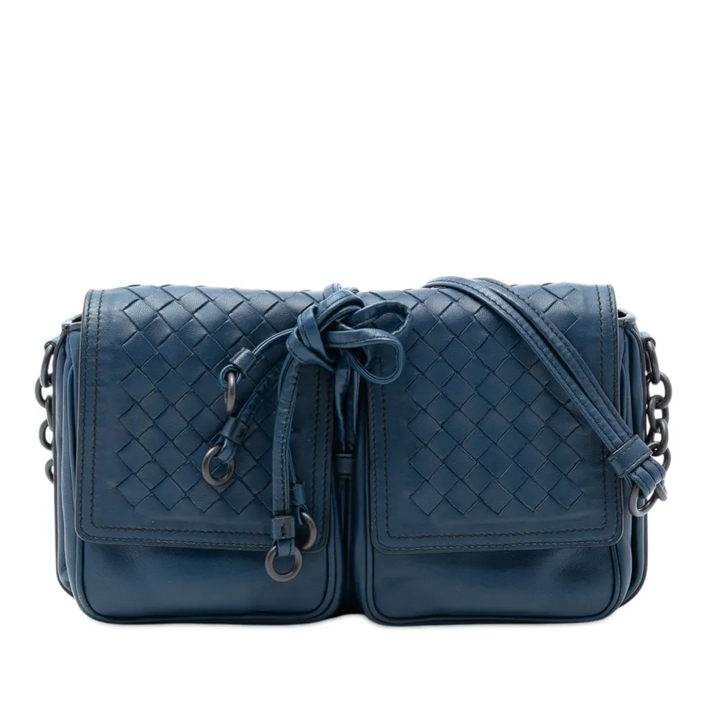 Bottega Veneta Nappa Intrecciato Double Pocket Flap Crossbody Blue Leather Very good - Front View