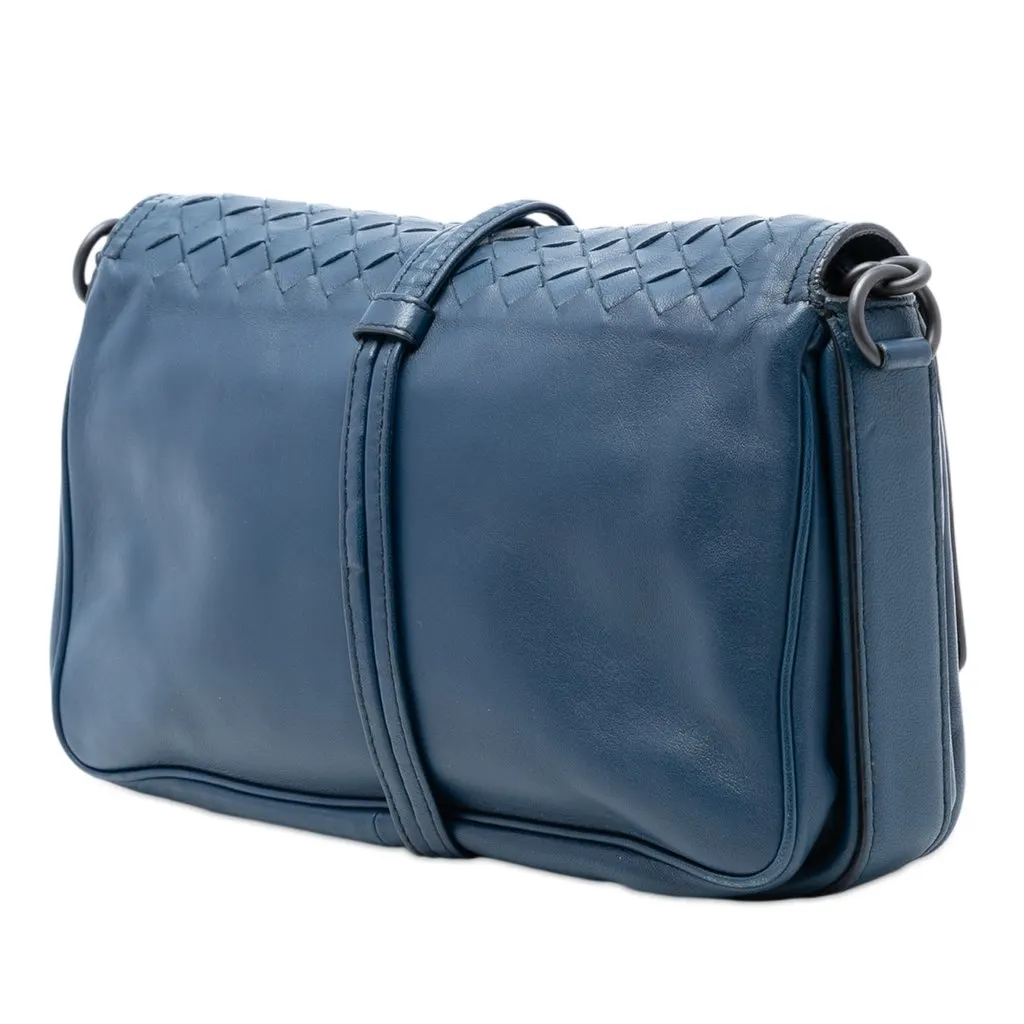 Bottega Veneta Nappa Intrecciato Double Pocket Flap Crossbody Blue Leather Very good - Back View