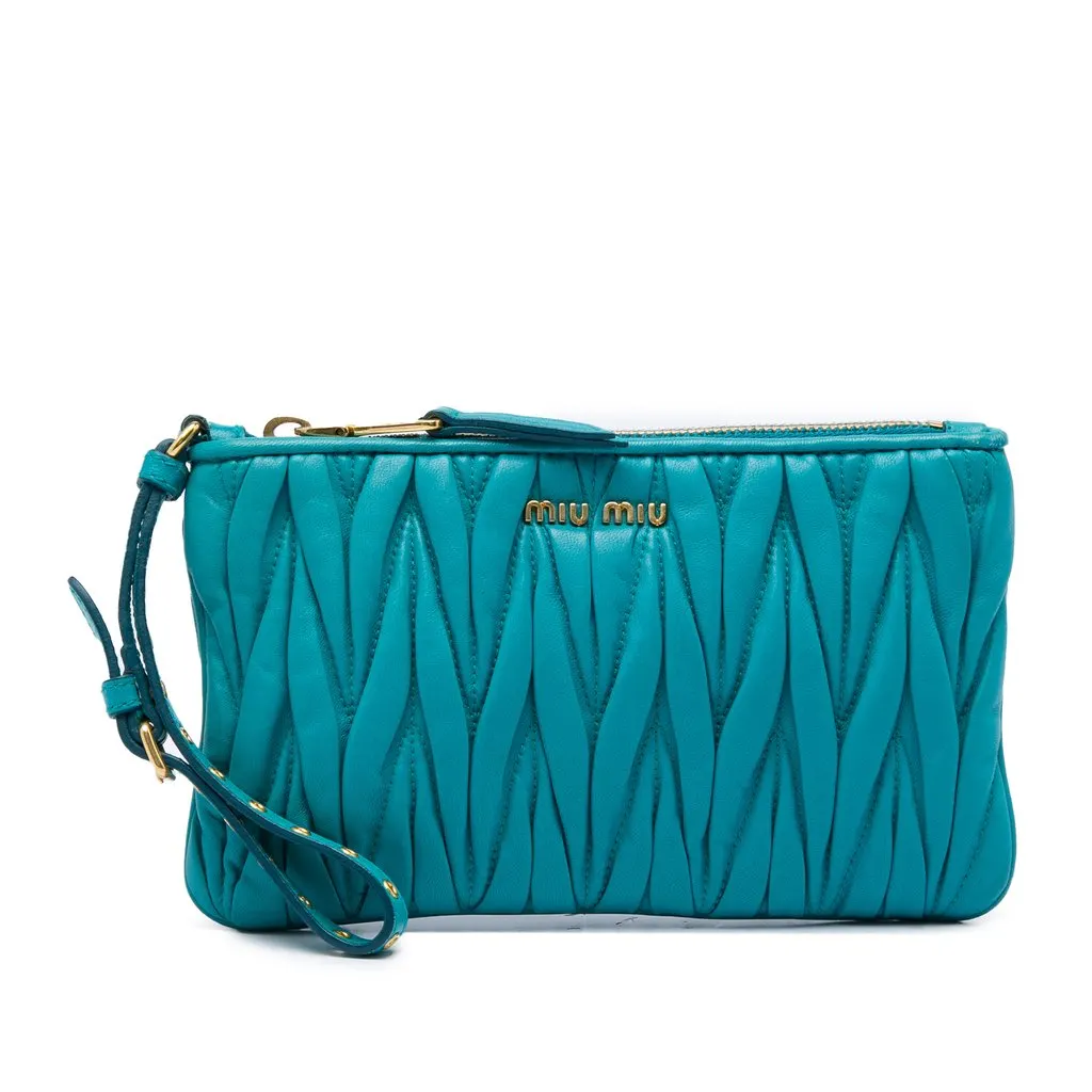 Miu Miu Matelasse Lambskin Leather Clutch Blue Leather Good - Front View
