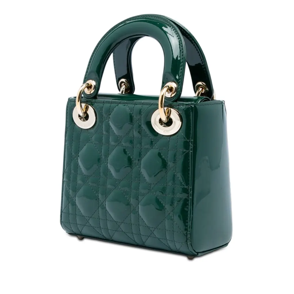 Dior Mini Patent Cannage Lady Dior Green Leather Very good - Back View