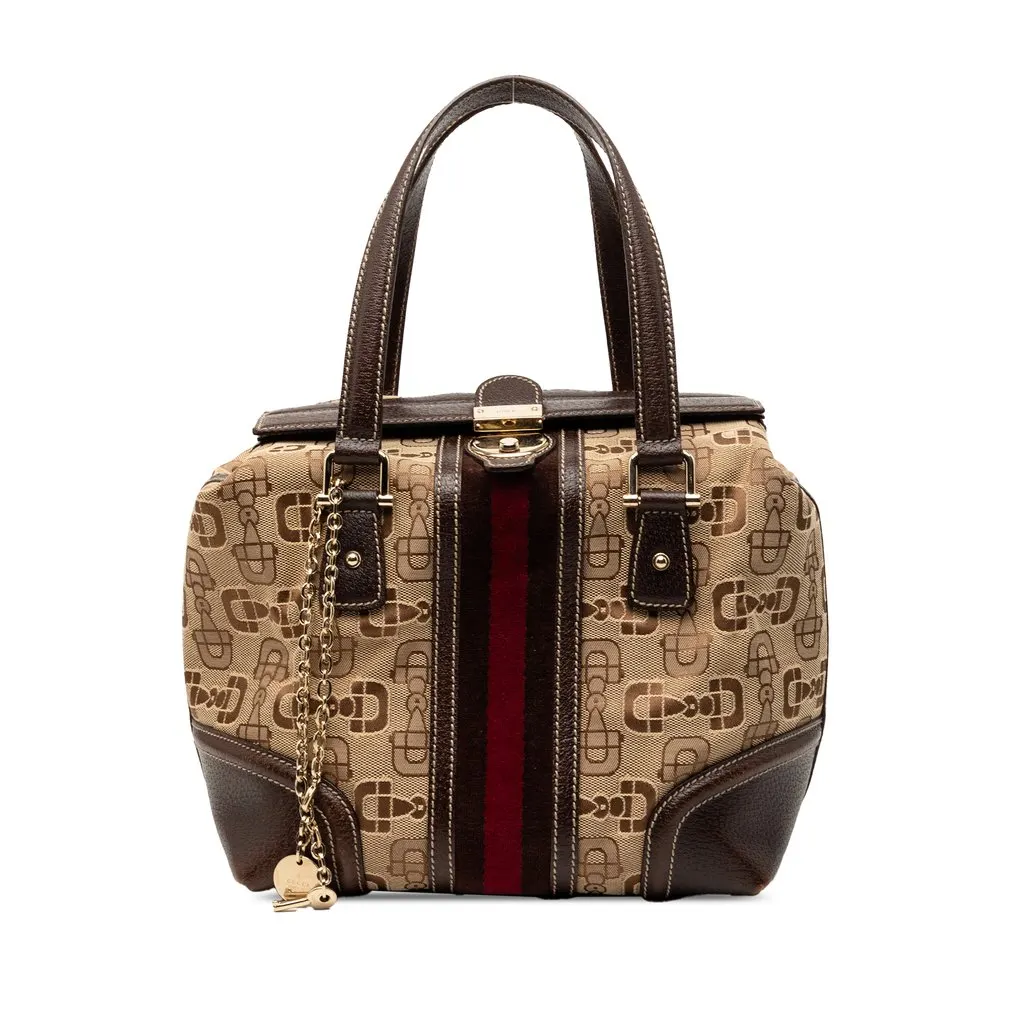 Gucci Horsebit Canvas Web Treasure Handbag Beige Good - Front View
