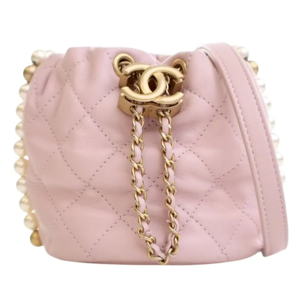 Chanel Mini Quilted Calfskin About Pearls Drawstring Bucket Bag Pink Leather Very good - Front View