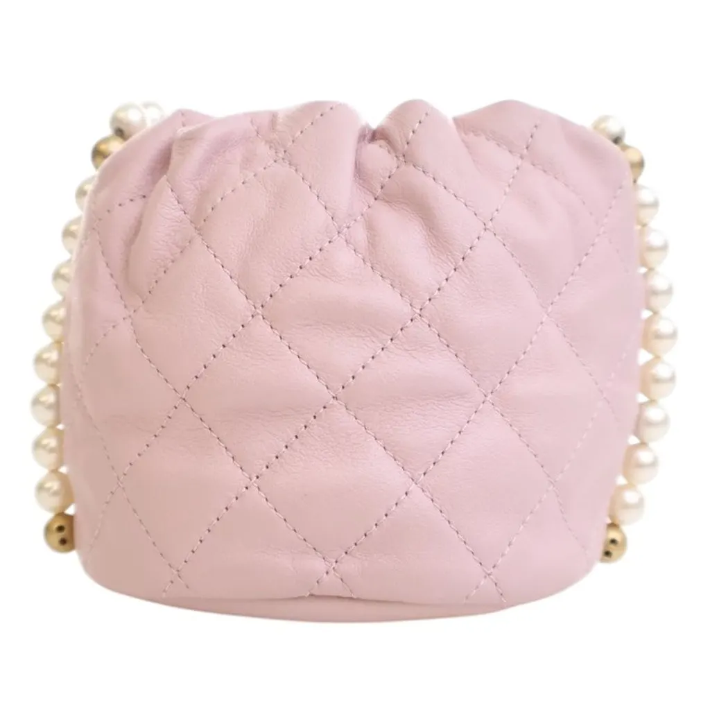 Chanel Mini Quilted Calfskin About Pearls Drawstring Bucket Bag Pink Leather Very good - Back View