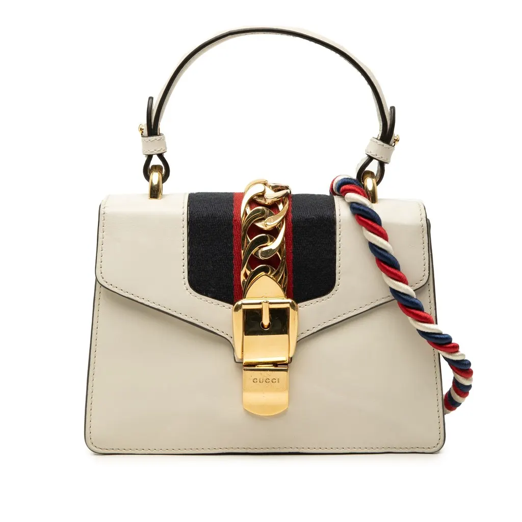 Gucci Mini Calfskin Web Sylvie Top Handle Bag White Leather Very good - Front View