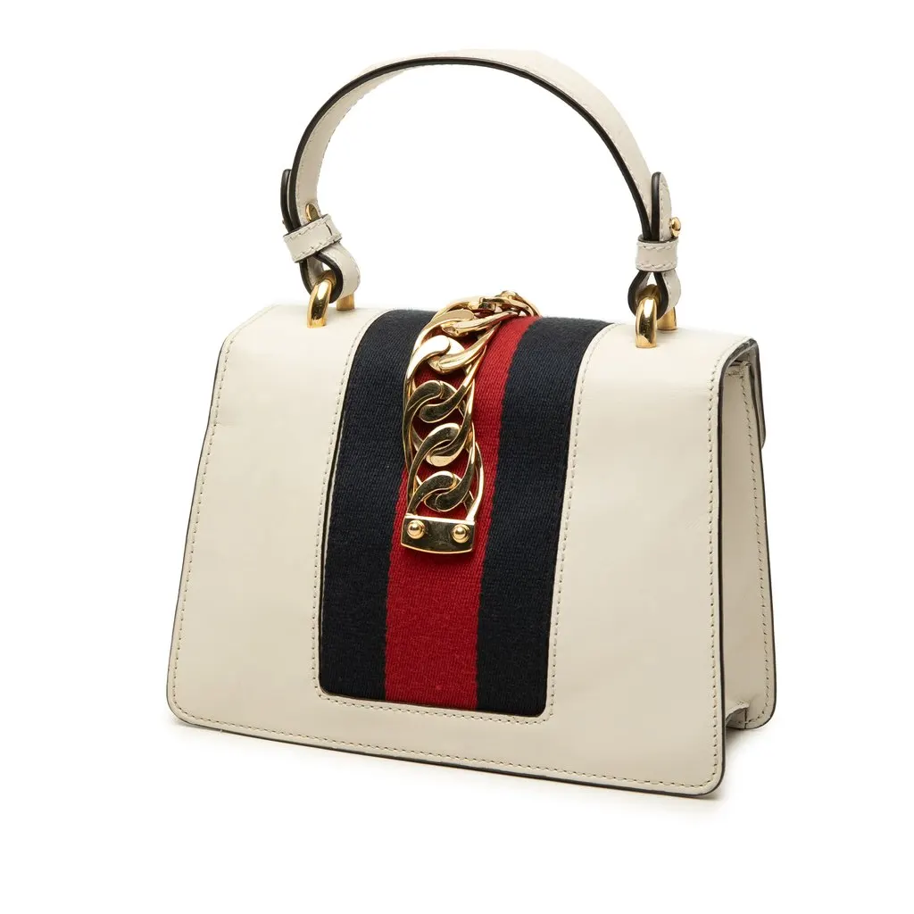 Gucci Mini Calfskin Web Sylvie Top Handle Bag White Leather Very good - Back View