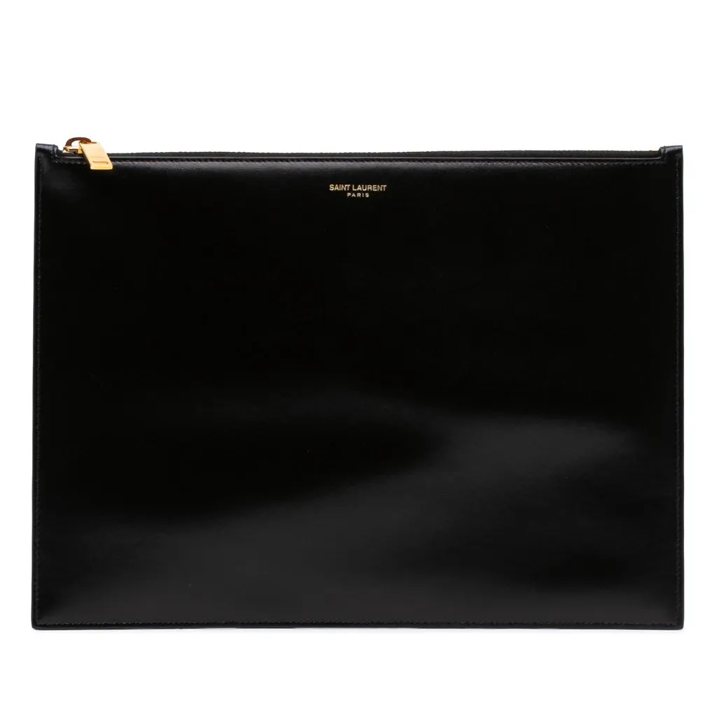Saint Laurent Leather Zip Clutch Black Leather Good - Front View