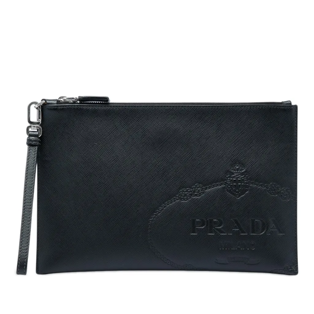 Prada Saffiano Logo Clutch Black Leather Very good - Front View