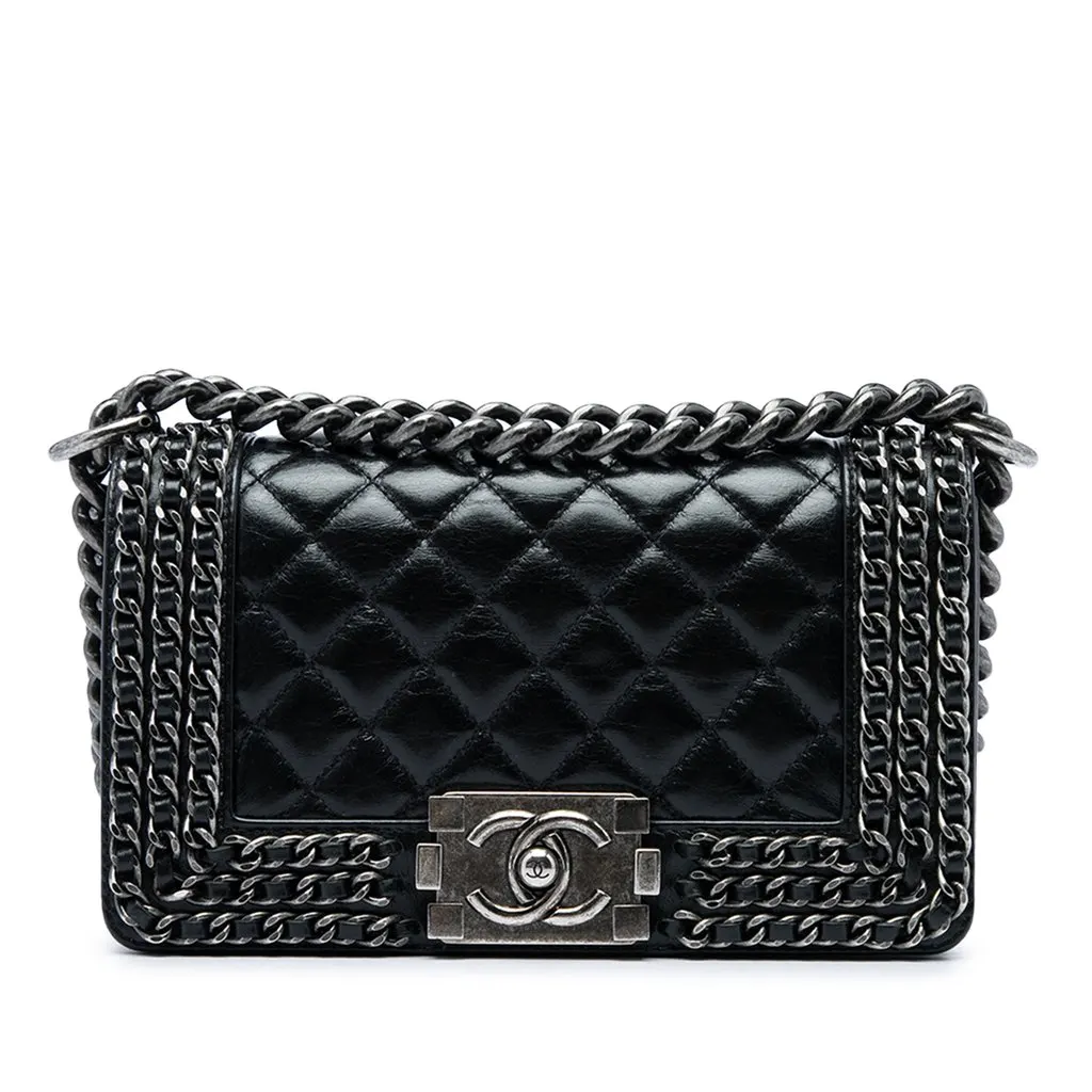 Chanel Small Quilted Glazed Calfskin Chained Boy Flap Black Leather Very good - Front View