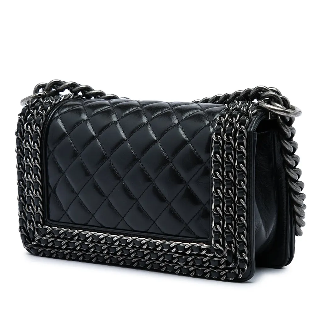 Chanel Small Quilted Glazed Calfskin Chained Boy Flap Black Leather Very good - Back View