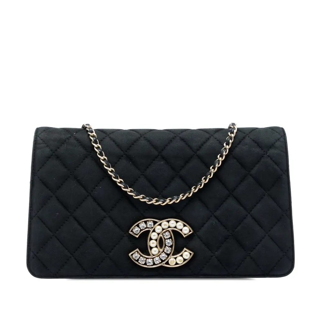 Chanel Quilted Suede Faux Pearl And Crystal CC Chain Flap Black Suede Very good - Front View