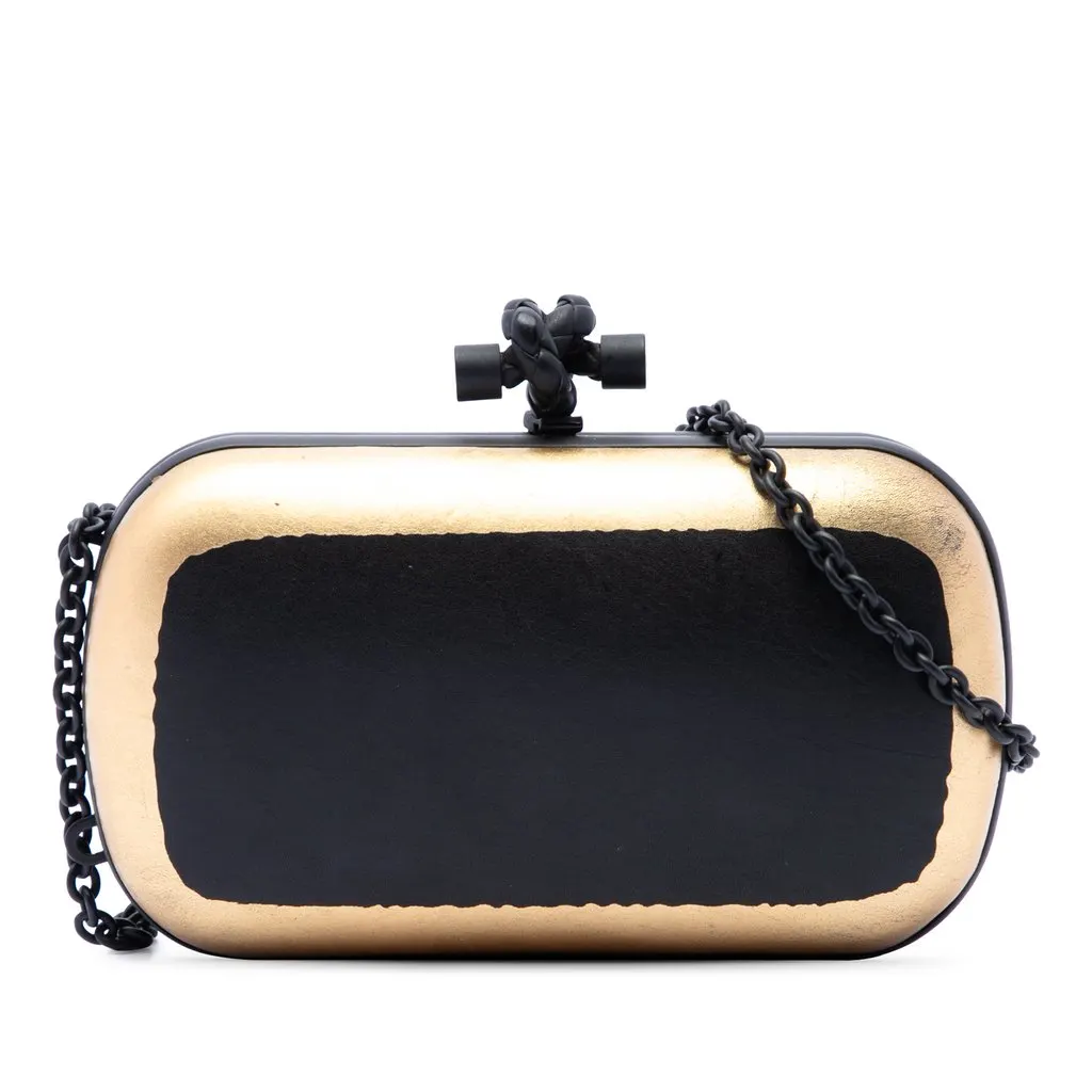 Bottega Veneta Bicolor Gilded Waxed Leather Knot Clutch with Chain Black Leather Very good - Front View