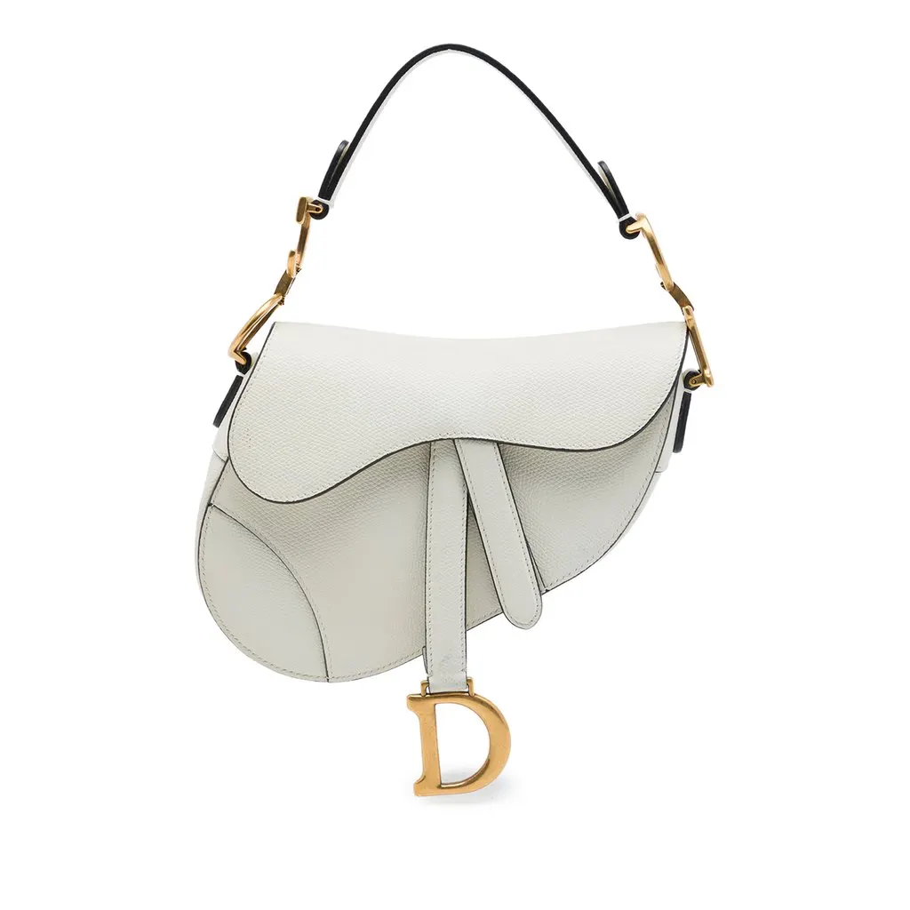 Dior Mini Grained Calfskin Saddle Bag White Leather Very good - Front View