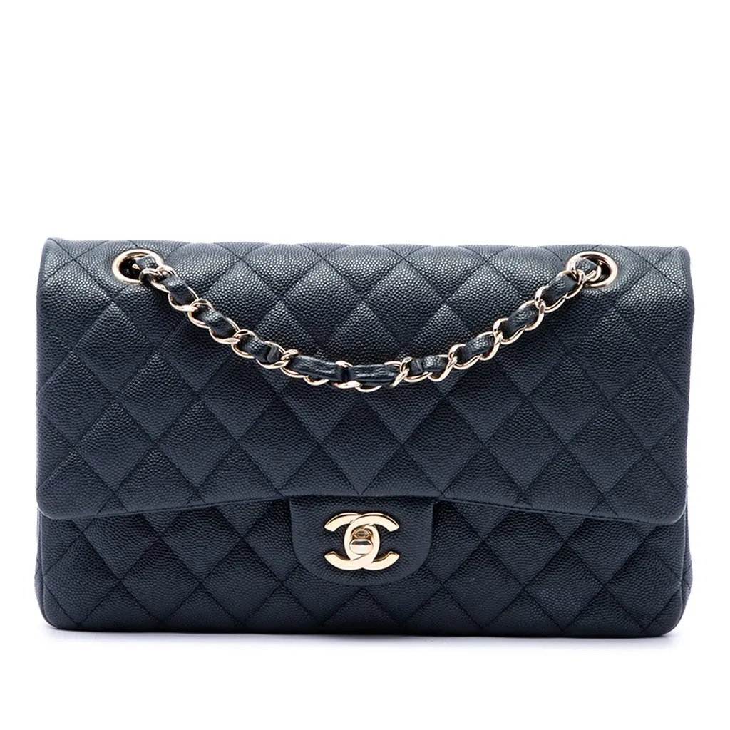 Chanel Medium Classic Caviar Double Flap Blue Leather Very good - Front View