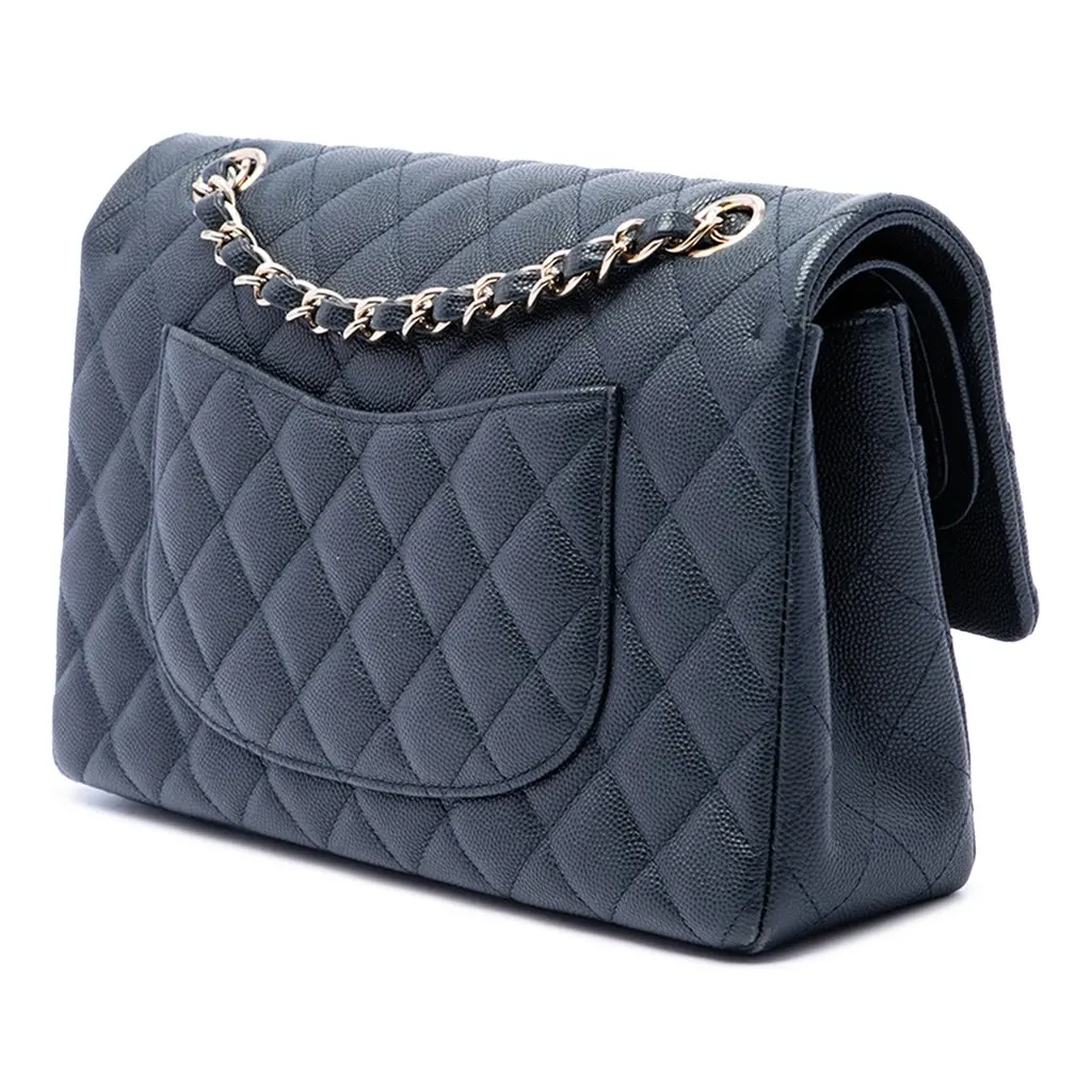 Chanel Medium Classic Caviar Double Flap Blue Leather Very good - Back View