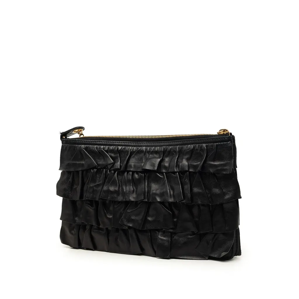Chanel CC Lambskin Ruffled Clutch On Chain Black Leather Very good - Back View