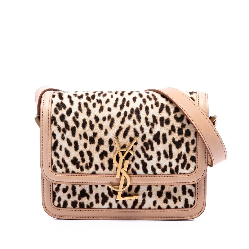 Saint Laurent Small Calf Hair Leopard Print Solferino Satchel In Box Beige Very good - Front View