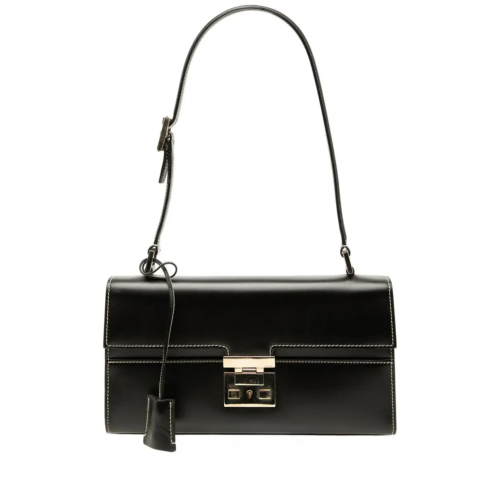 Gucci Calfskin Lady Lock Shoulder Bag Black Leather Very good - Front View