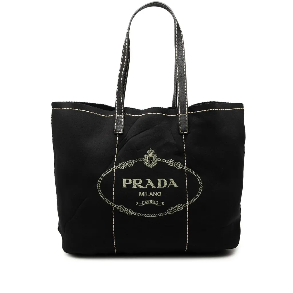 Prada Neoprene Logo Shopping Tote Black Polyester Good - Front View