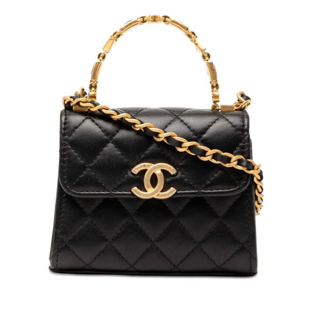 Chanel Mini CC Quilted Lambskin Enamel Top Handle Bag Black Leather Very good - Front View