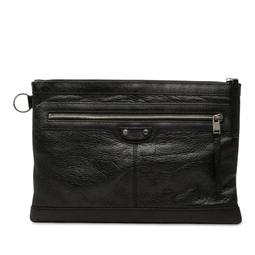 Balenciaga Lambskin Motocross Classic Clip Clutch M Black Leather Very good - Front View