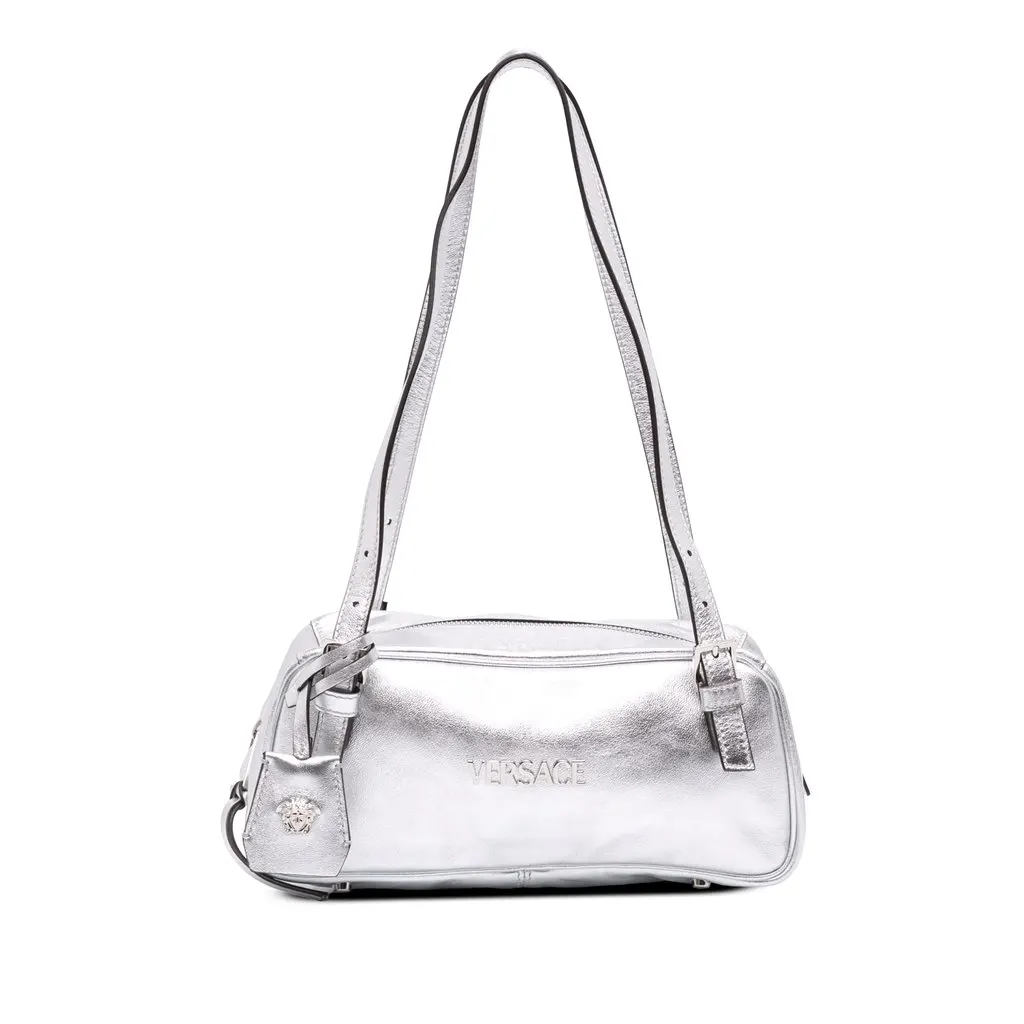 Versace Metallic Leather Tag Bowling Bag Silver Leather Very good - Front View