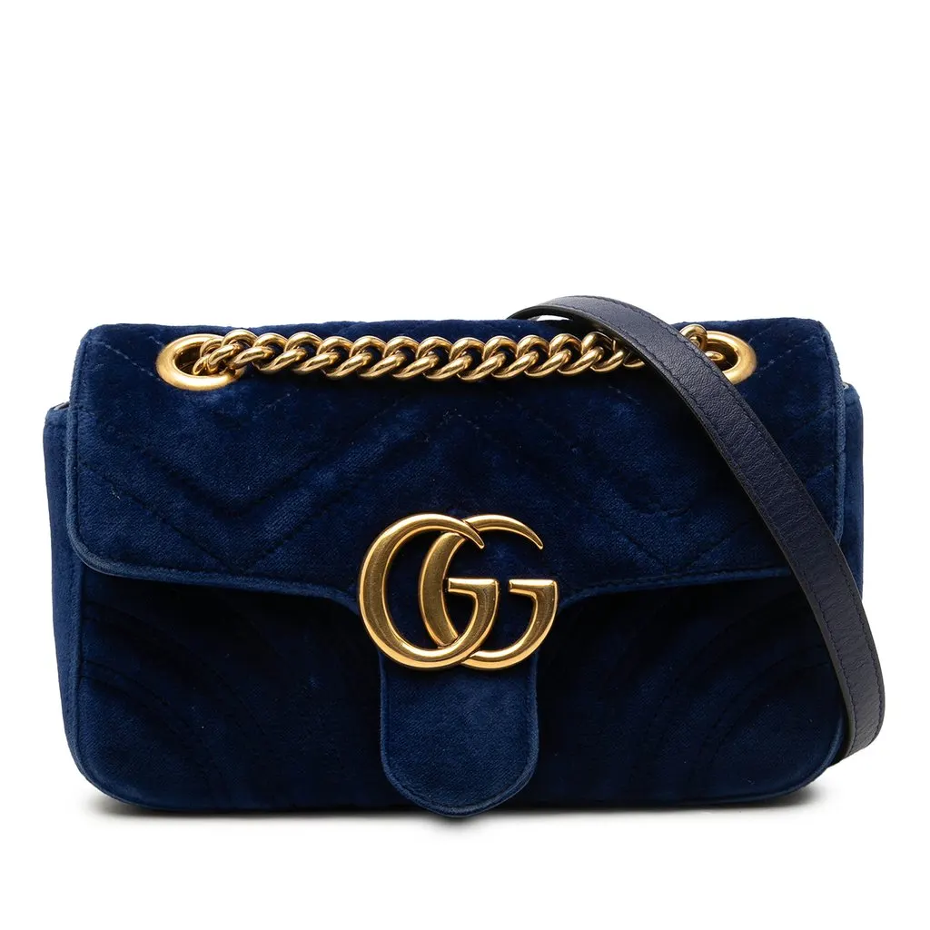 Gucci Small GG Marmont Matelasse Velvet Shoulder Bag Blue Very good - Front View