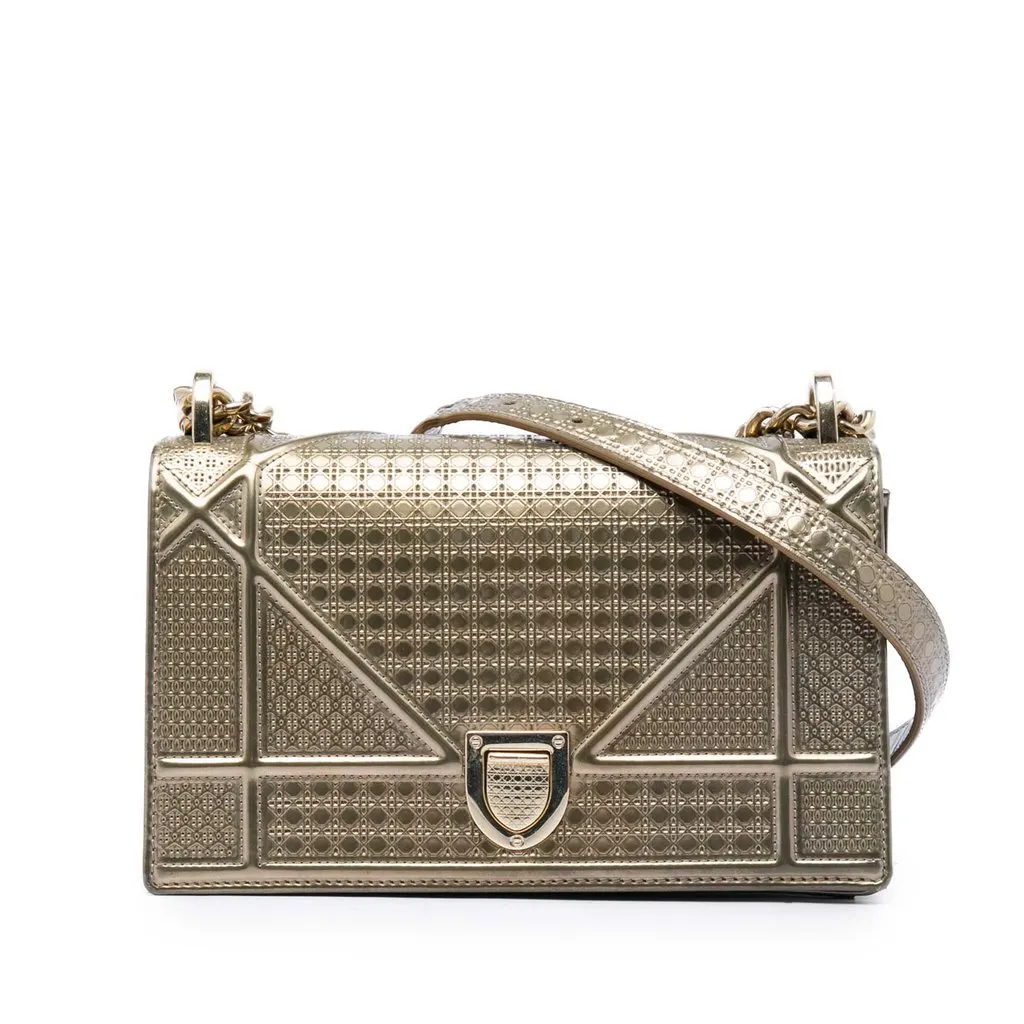 Dior Small Metallic Patent Microcannage Diorama Flap Gold Leather Good - Front View