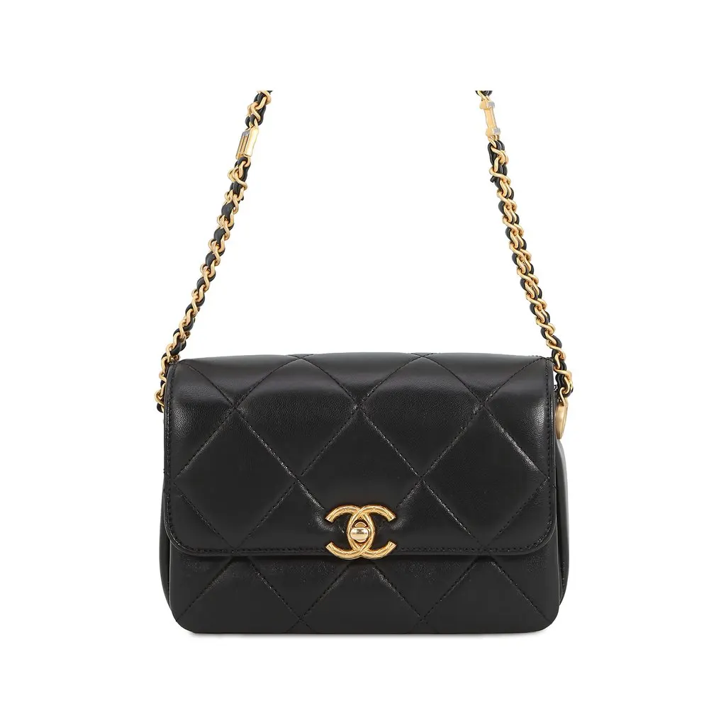 Chanel Mini CC Quilted Lambskin Logo Chain Flap Black Leather Very good - Front View