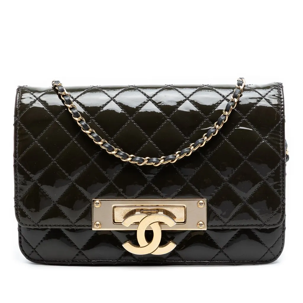 Chanel Quilted Patent Golden Class Wallet on Chain Black Leather Very good - Front View