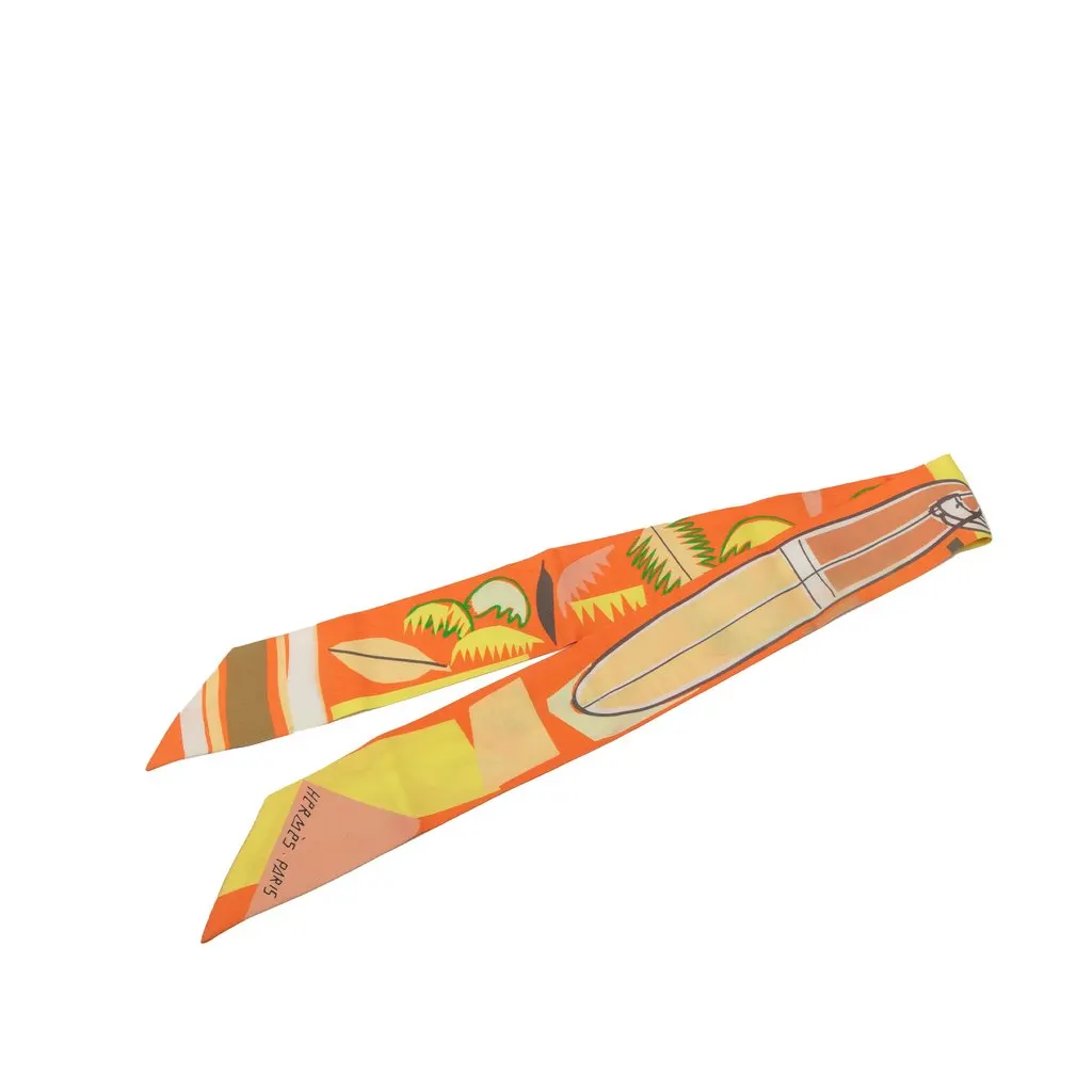 Hermès Sea Surf and Fun Silk Twilly Scarf Orange Silk Good - Front View