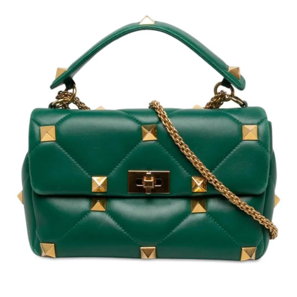 Valentino Large Nappa Roman Stud Satchel Green Leather Good - Front View
