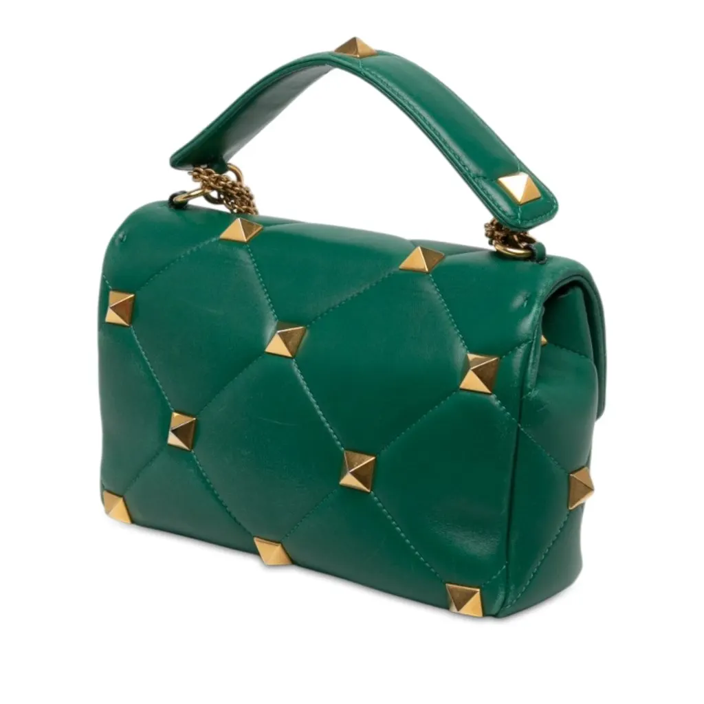 Valentino Large Nappa Roman Stud Satchel Green Leather Good - Back View