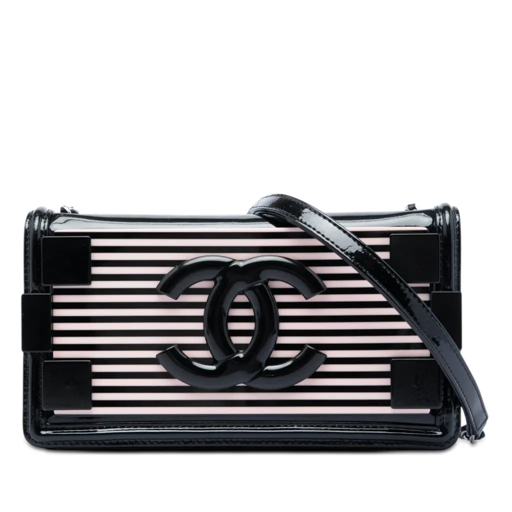 Chanel Patent and Acrylic Striped Boy Brick Horizontal Flap Black Leather Very good - Front View