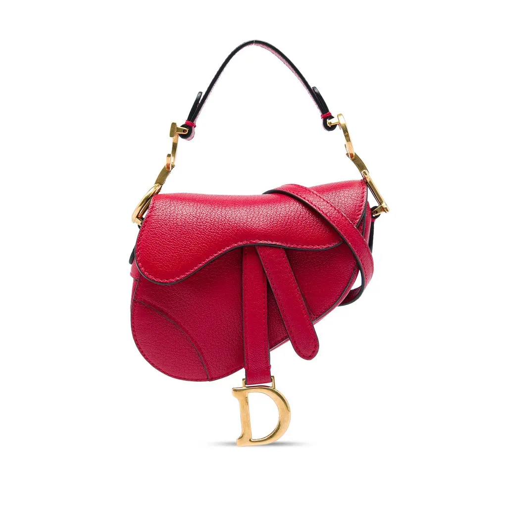 Dior Mini Grained Calfskin Saddle Bag Red Leather Very good - Front View