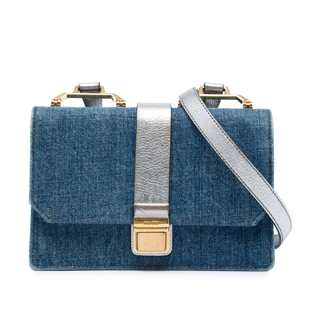 Miu Miu Denim Metallic Goatskin Madras Flap Crossbody Blue Very good - Front View
