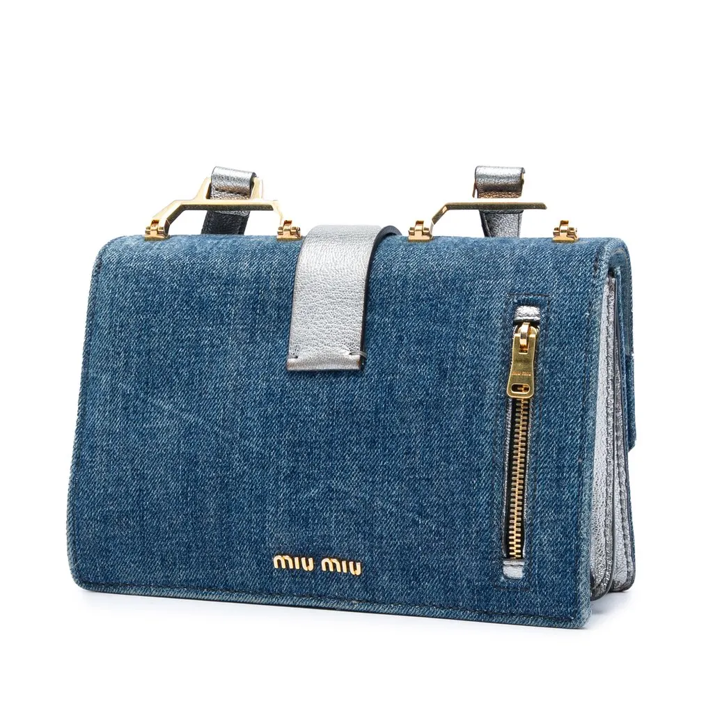 Miu Miu Denim Metallic Goatskin Madras Flap Crossbody Blue Very good - Back View
