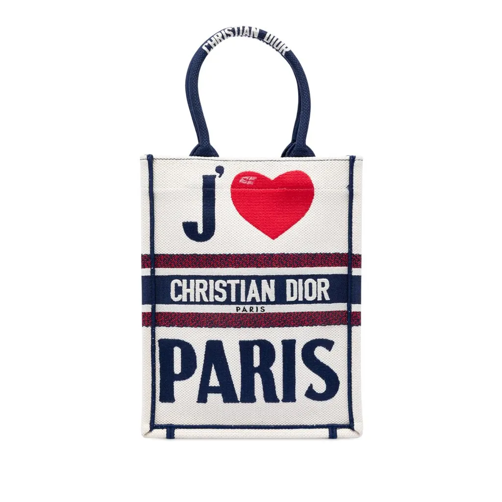 Dior Embroidered Canvas I Love Paris Vertical Book Tote White Very good - Front View