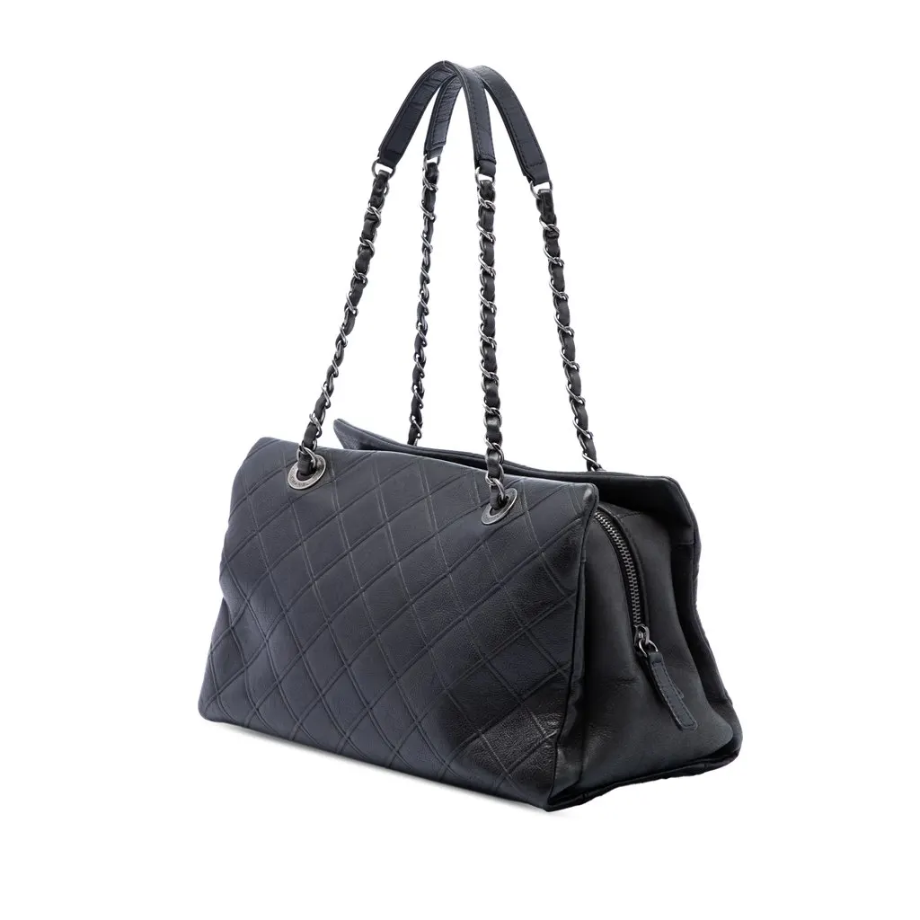 Chanel Large CC Diamond Embossed Calfskin Zip Shopping Tote Black Leather Very good - Back View