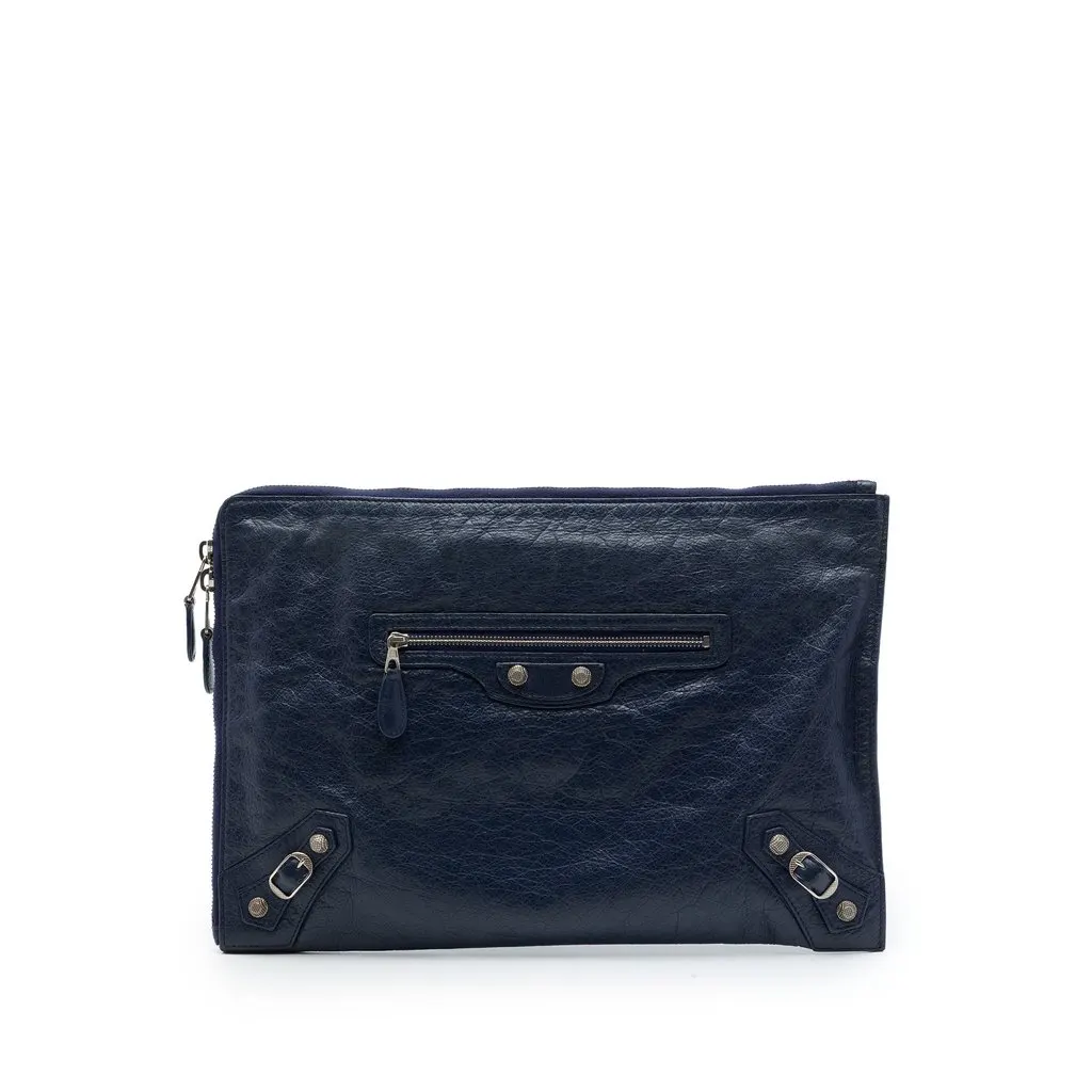 Balenciaga Lambskin Motocross Giant 12 Zip Around Flat Clutch Blue Leather Very good - Front View