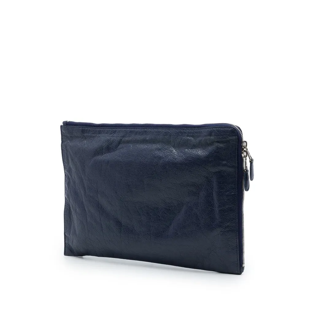 Balenciaga Lambskin Motocross Giant 12 Zip Around Flat Clutch Blue Leather Very good - Back View