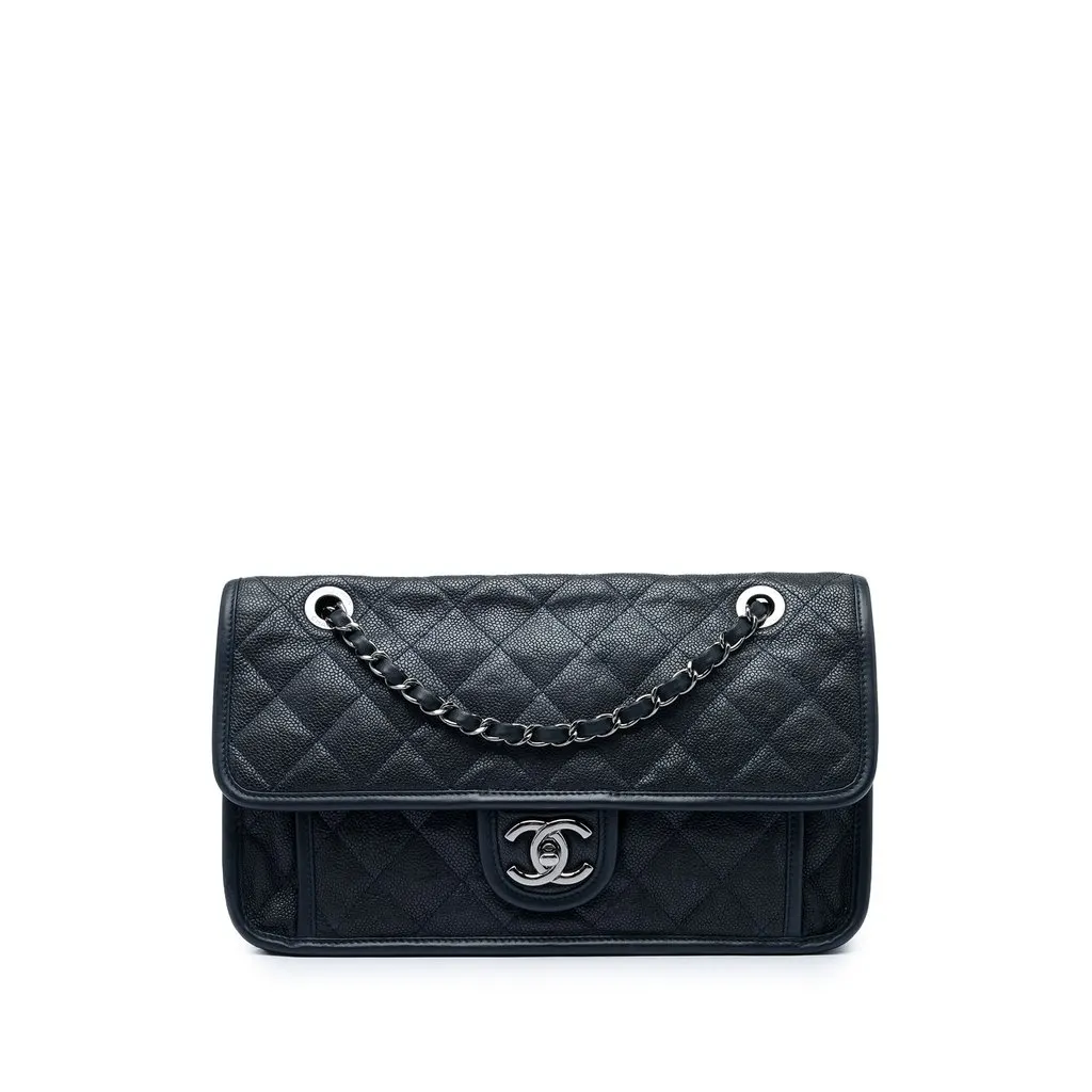 Chanel Medium Quilted Caviar French Riviera Flap Blue Leather Very good - Front View