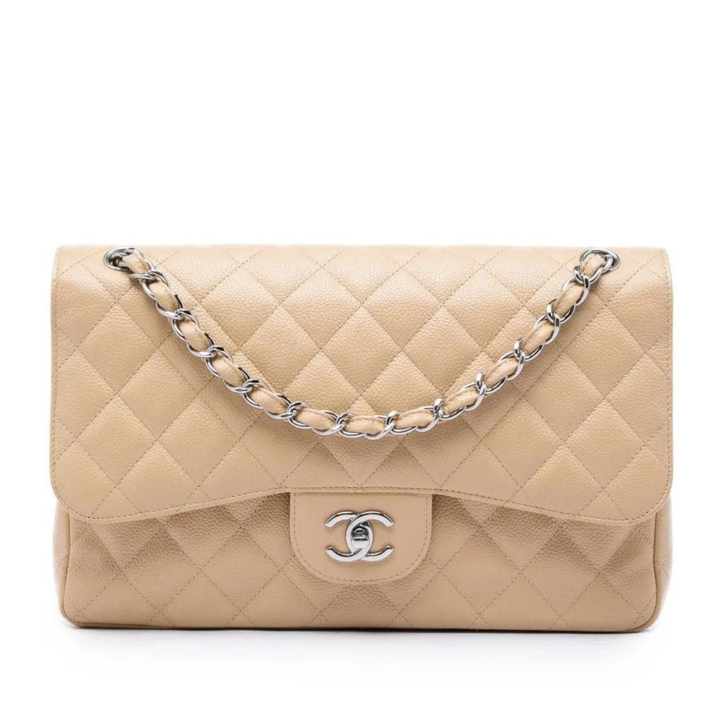 Chanel Jumbo Classic Caviar Double Flap Beige Leather Good - Front View