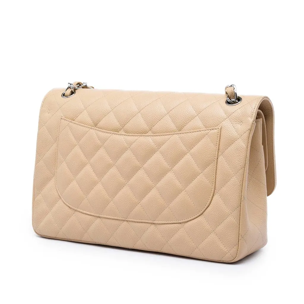 Chanel Jumbo Classic Caviar Double Flap Beige Leather Good - Back View
