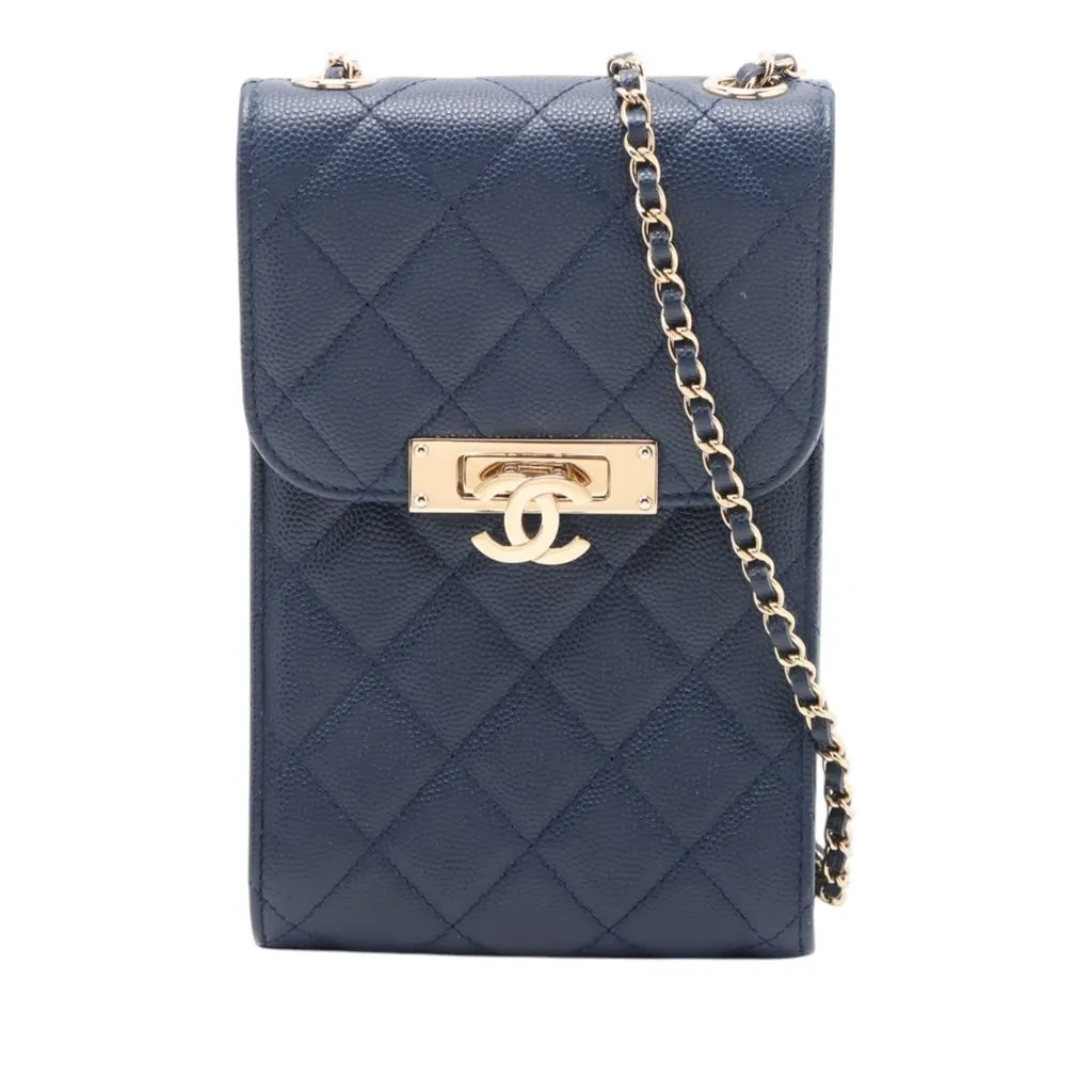 Chanel Quilted Caviar Golden Class Phone Holder Blue Leather Very good - Front View
