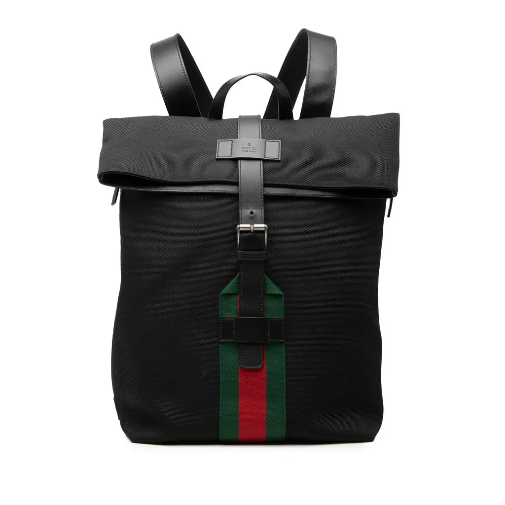 Gucci Canvas Techno Web Fold Over Backpack Black Very good - Front View