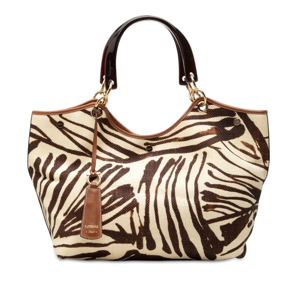 Salvatore Ferragamo Zebra Printed Straw Shopper Tote Brown Rattan Very good - Front View