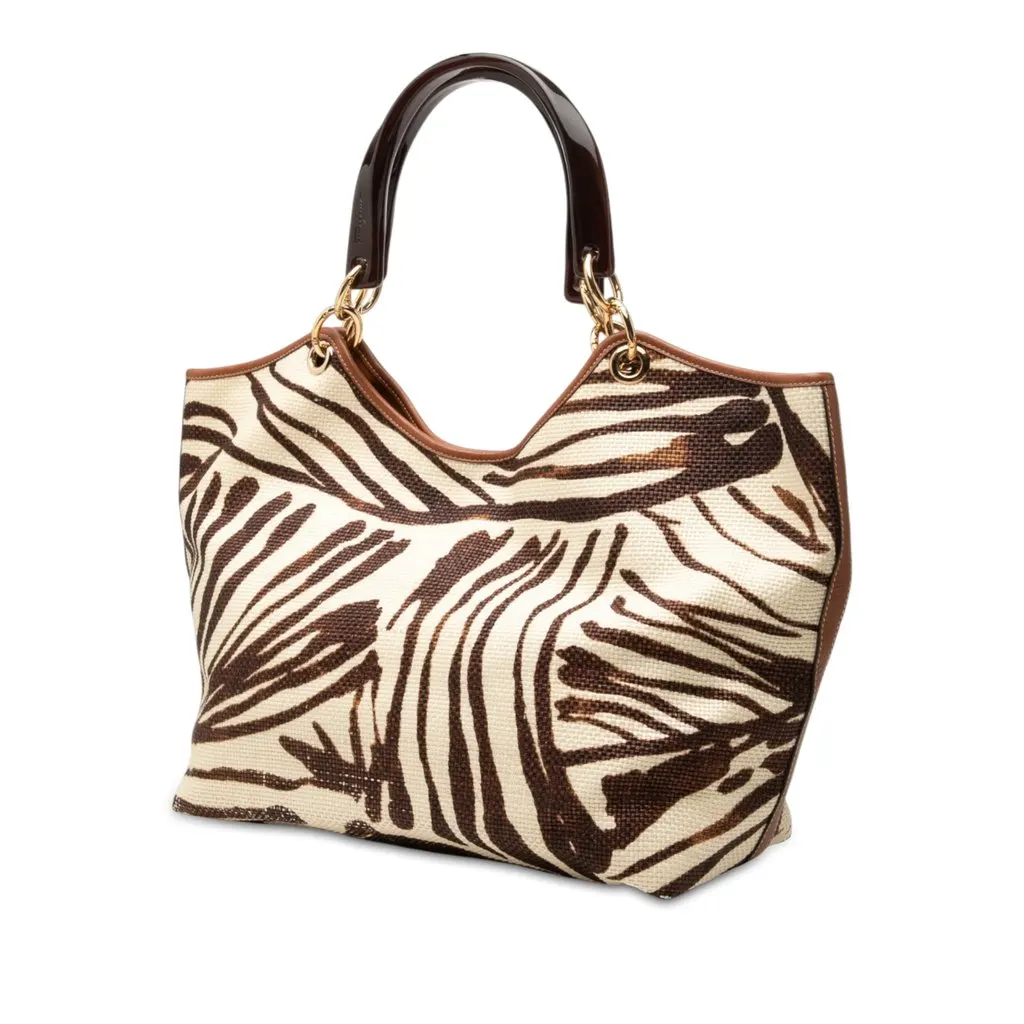Salvatore Ferragamo Zebra Printed Straw Shopper Tote Brown Rattan Very good - Back View