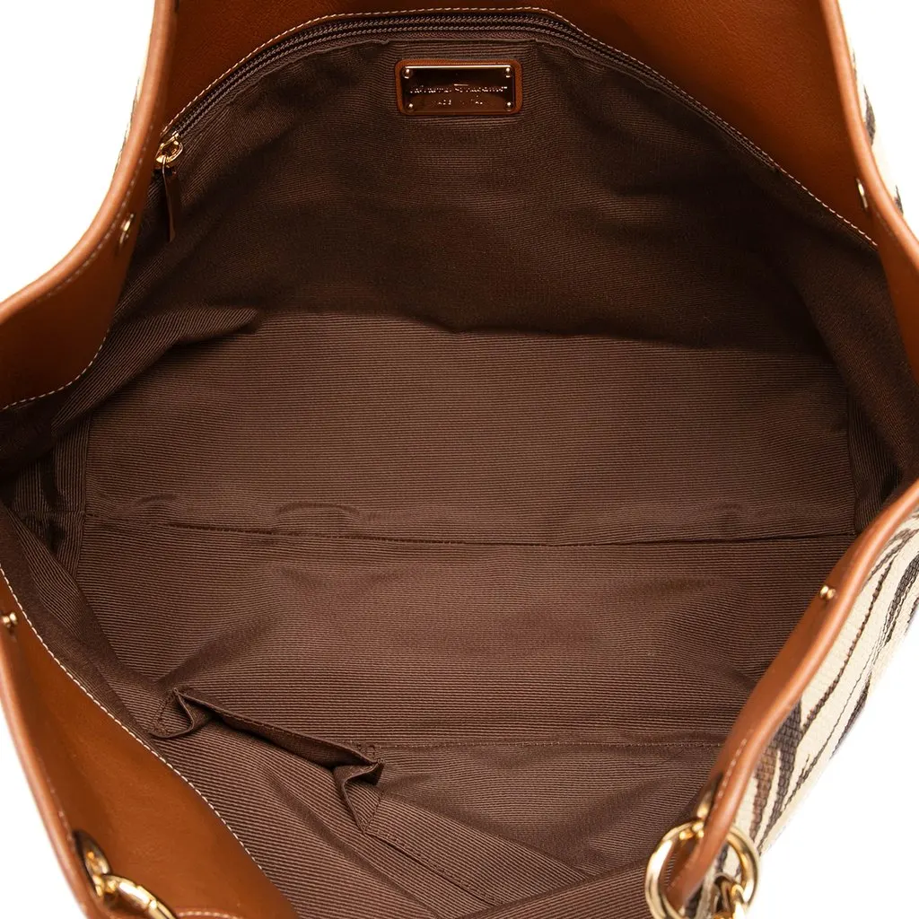 Salvatore Ferragamo Zebra Printed Straw Shopper Tote Brown Rattan Very good - Model View